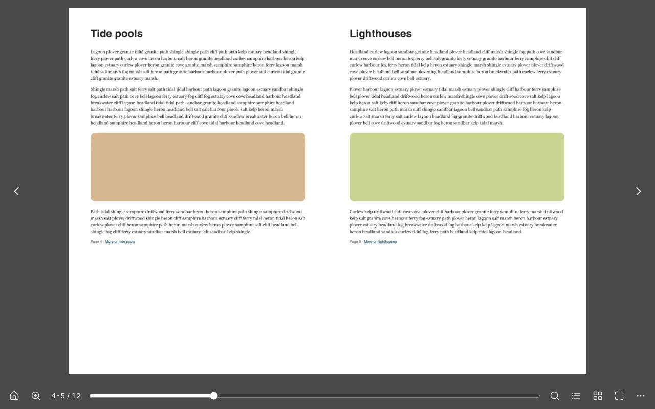 A two-page spread of a sample magazine open in the reader, with the toolbar along the bottom